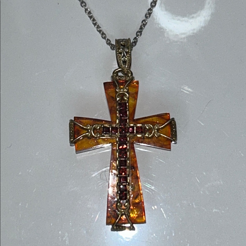 NWOT Genuine Amber & Fire Opal Gemstone Sterling Silver Palladium Cross Necklace
